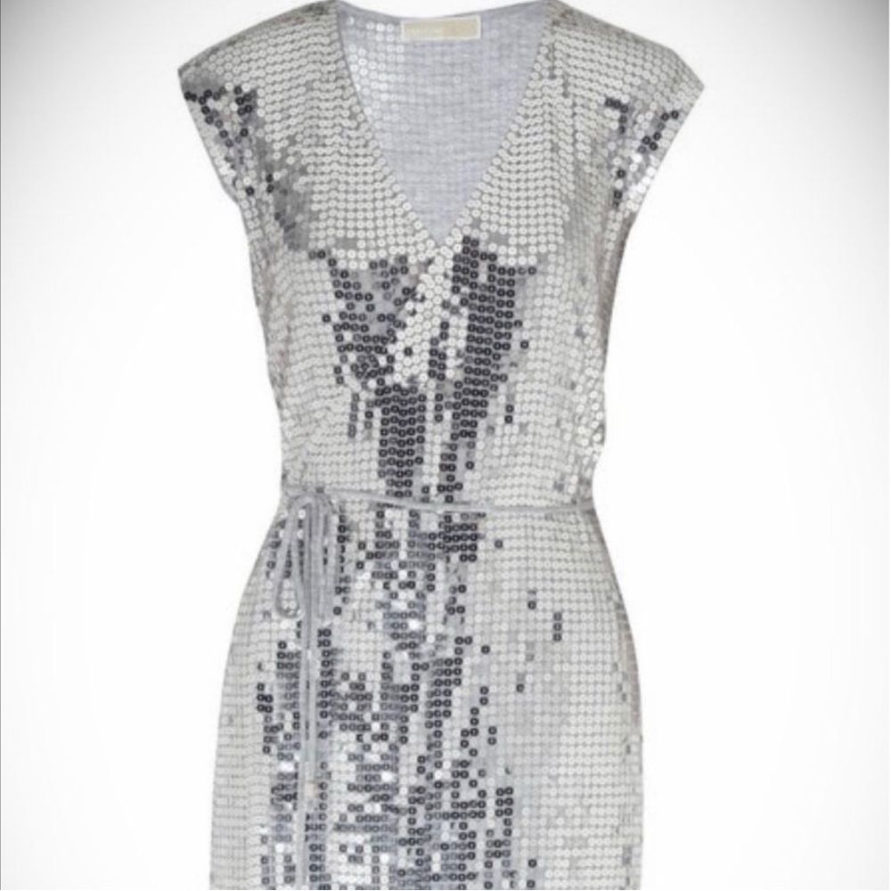 Michael Kors Silver Sequin Disco Wrap Dress M EUC Y2K Holliday galactic - Picture 6 of 6